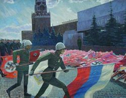 Итог заранее известен: фошизм будет повержен. Это картина неизвестного художника еще времен совка. Российский триколор — это знамя под которым воевали власовцы. Солдат его бросает на помост перед Мавзолеем на параде Победы 24 июня 1945 года.